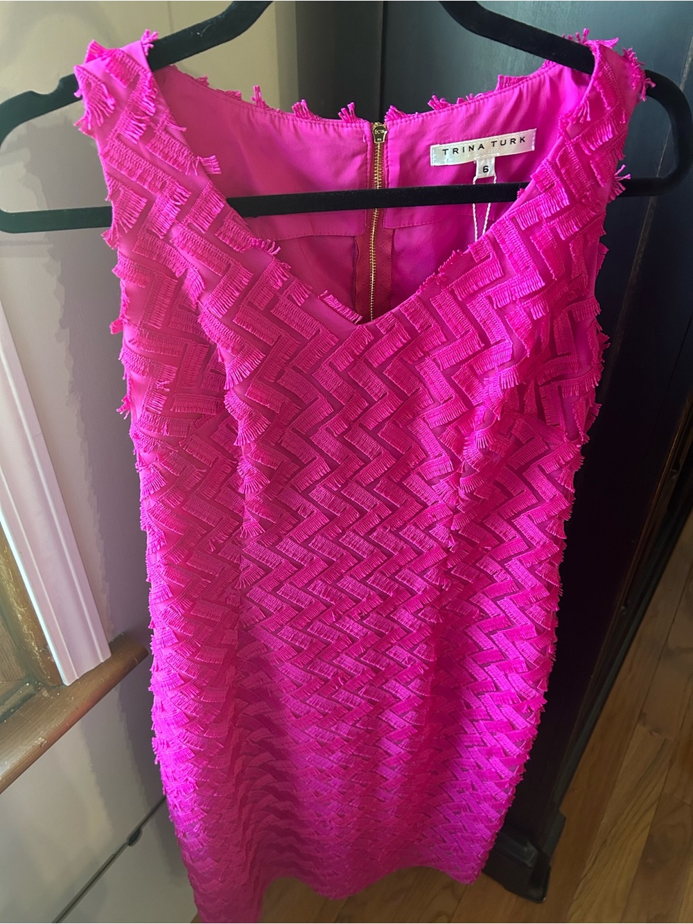 Trina Turk Bright Pink Textured V-Neck Midi Dress